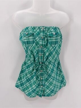 Kirra Strapless Top Women’s M Plaid Pearl Snap Drawstring Tube Top Western